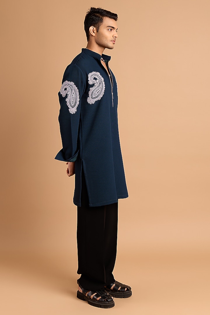 Bottle Green Knit Mukaish Embroidered Kurta by Rohit Doshi at Pernia's Pop Up Shop