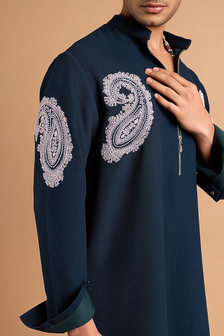 Bottle Green Knit Mukaish Embroidered Kurta by Rohit Doshi at Pernia's Pop Up Shop