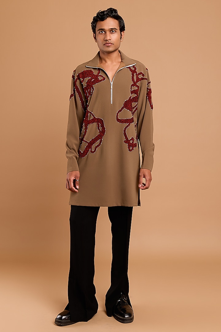 Earthy Green Poly Crepe Handwork Kurta by Rohit Doshi at Pernia's Pop Up Shop