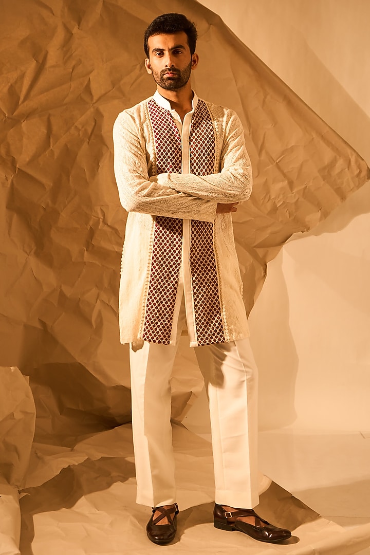 Off-White Knitmesh Handwork Kurta by Rohit Doshi at Pernia's Pop Up Shop