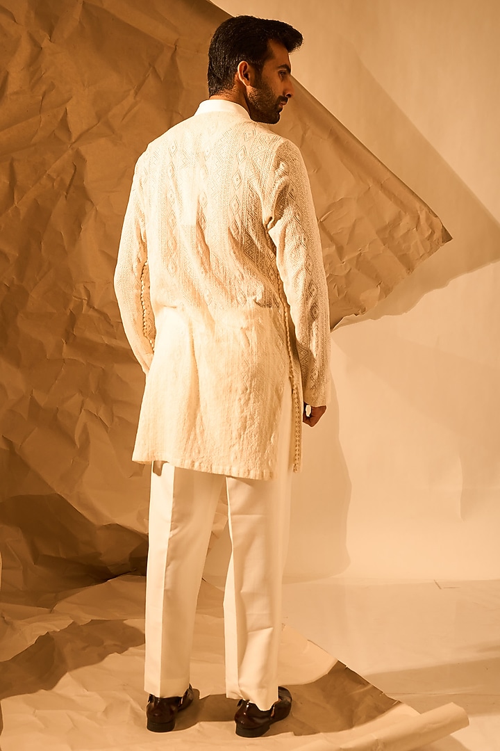 Off-White Knitmesh Handwork Kurta by Rohit Doshi at Pernia's Pop Up Shop
