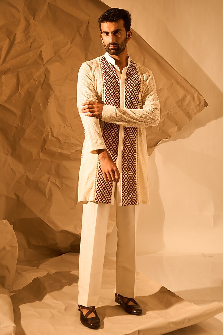 Off-White Knitmesh Handwork Kurta by Rohit Doshi at Pernia's Pop Up Shop