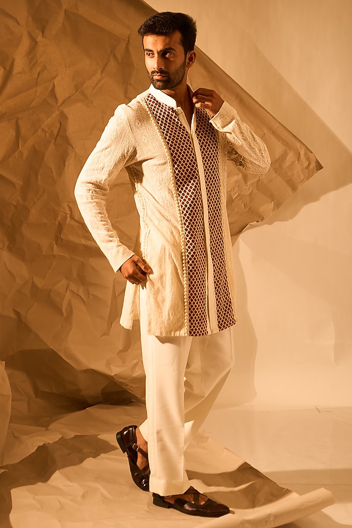Off-White Knitmesh Handwork Kurta by Rohit Doshi at Pernia's Pop Up Shop