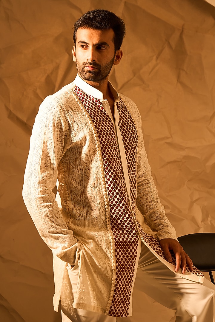 Off-White Knitmesh Handwork Kurta by Rohit Doshi at Pernia's Pop Up Shop