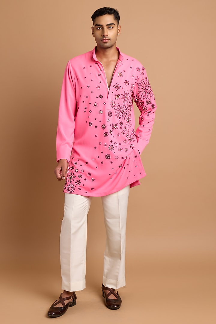 Neon Pink Lachka & Armani Fabric Handwork Kurta by Rohit Doshi at Pernia's Pop Up Shop