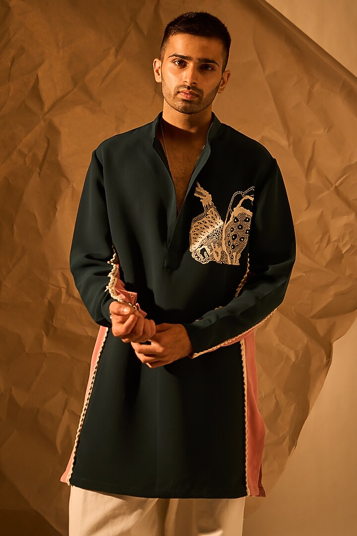 Emerald Green & Pink Crepe Handwork Kurta by Rohit Doshi at Pernia's Pop Up Shop