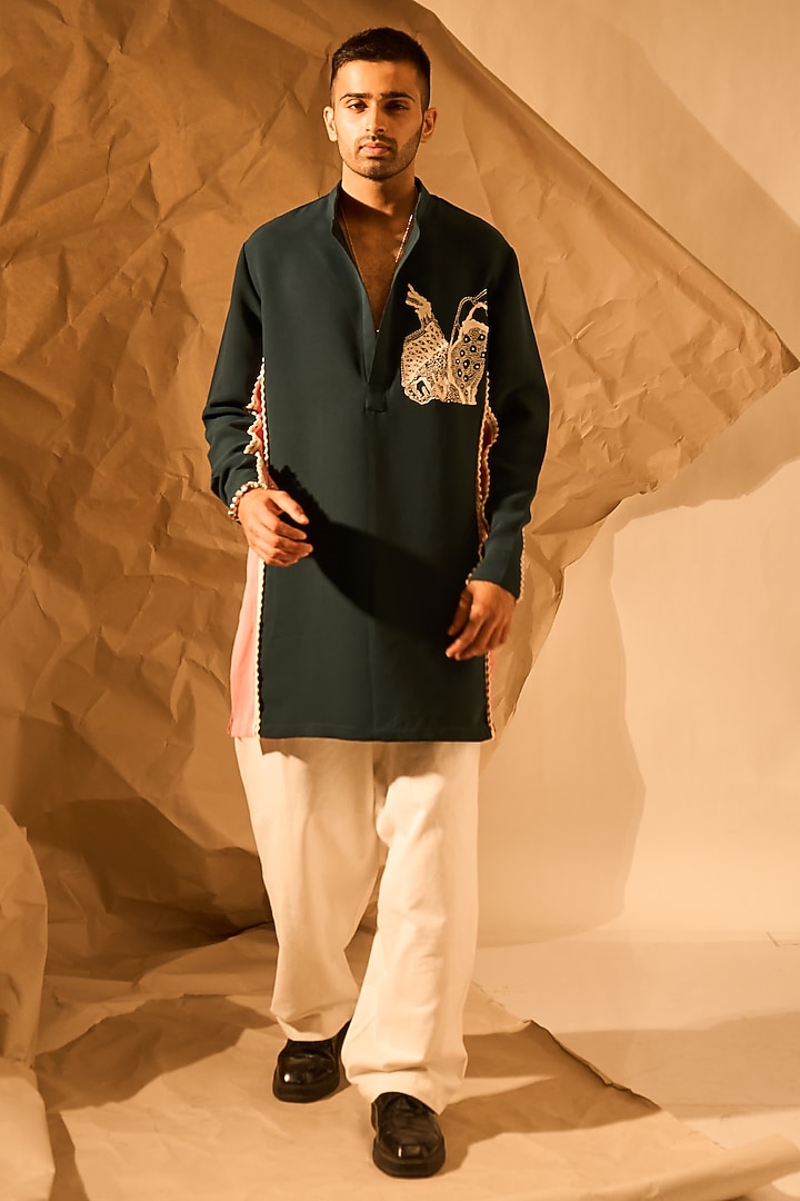 Emerald Green & Pink Crepe Handwork Kurta by Rohit Doshi at Pernia's Pop Up Shop