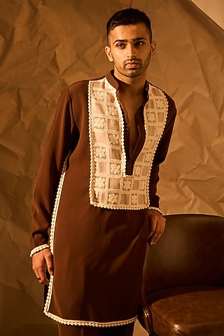 Brown Lachka Fabric Handwork Kurta by Rohit Doshi