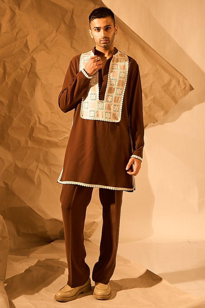 Brown Lachka Fabric Handwork Kurta by Rohit Doshi at Pernia's Pop Up Shop