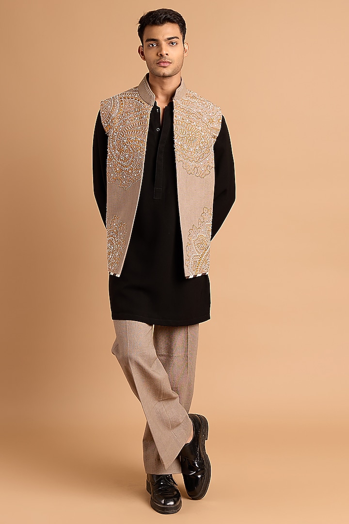 Grey-Green Cotton Matka Handwork Bundi Jacket Set by Rohit Doshi at Pernia's Pop Up Shop