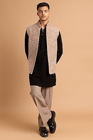 Grey-Green Cotton Matka Handwork Bundi Jacket Set by Rohit Doshi