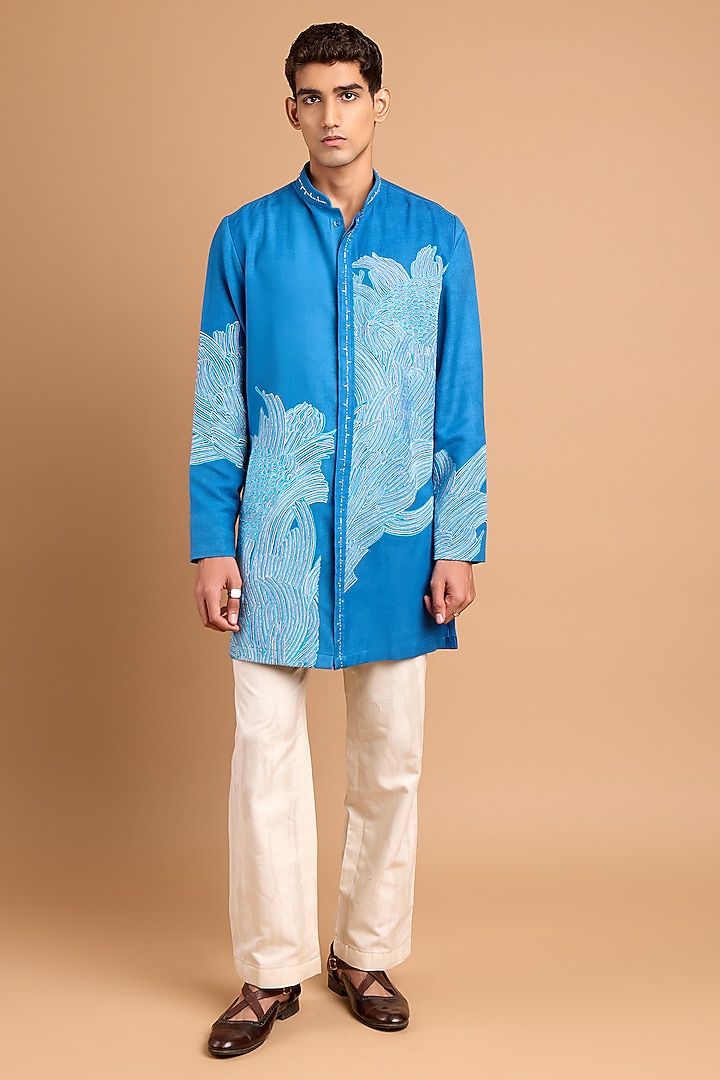 Bright Blue Cotton Crepe Rayon Handwork Kurta by Rohit Doshi at Pernia's Pop Up Shop