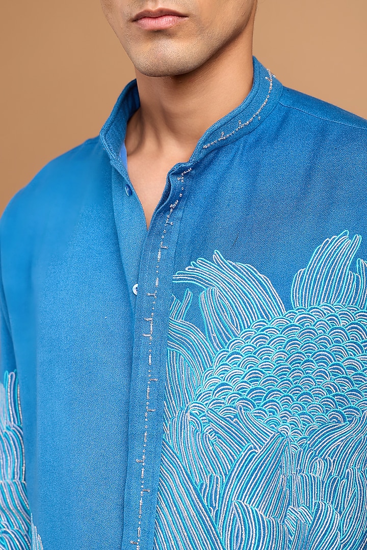 Bright Blue Cotton Crepe Rayon Handwork Kurta by Rohit Doshi at Pernia's Pop Up Shop