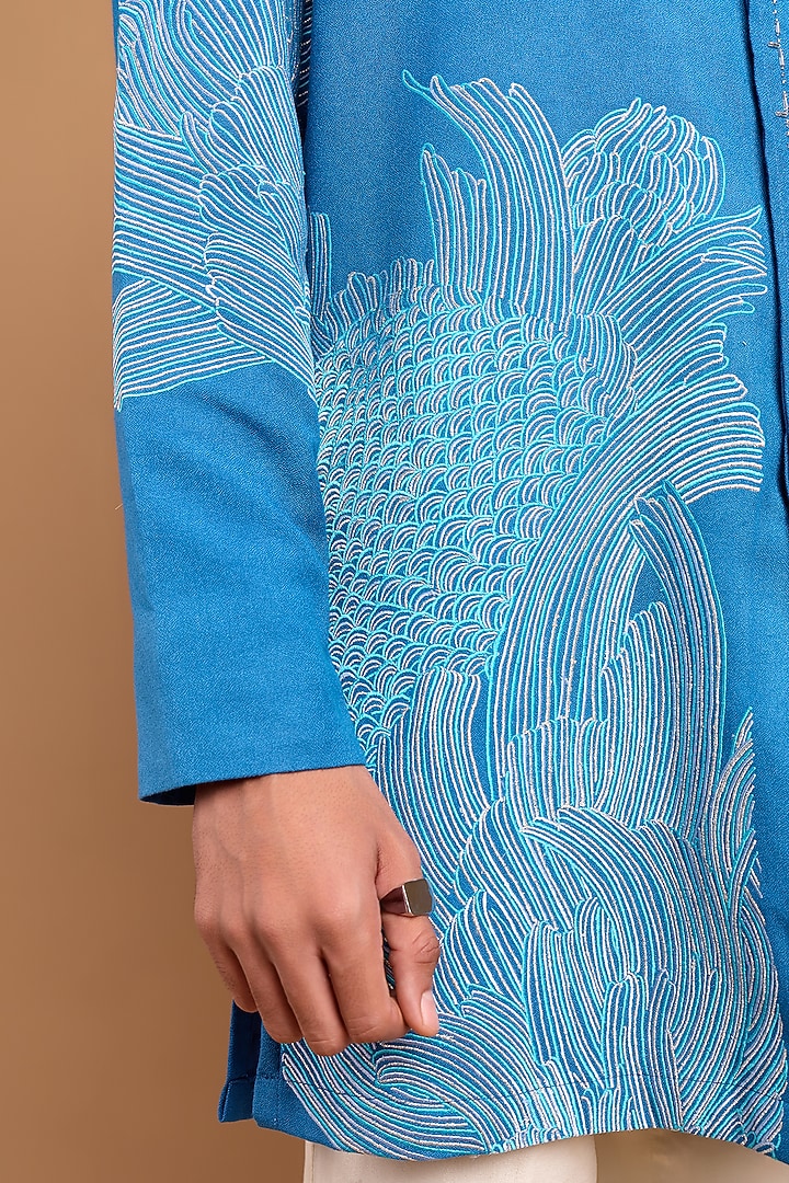 Bright Blue Cotton Crepe Rayon Handwork Kurta by Rohit Doshi at Pernia's Pop Up Shop
