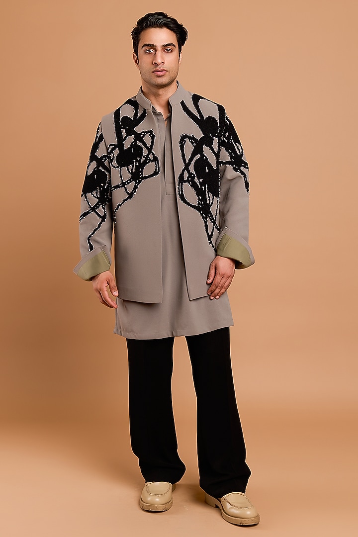 Grey Poly Crepe Kurta by Rohit Doshi at Pernia's Pop Up Shop