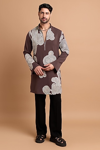 Mouse Brown Lachka & Armani fabric Handwork Kurta by Rohit Doshi