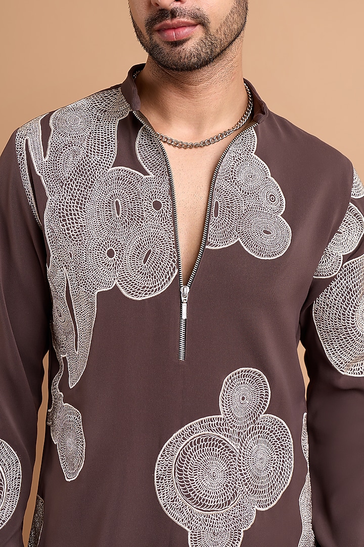 Mouse Brown Lachka & Armani fabric Handwork Kurta by Rohit Doshi at Pernia's Pop Up Shop