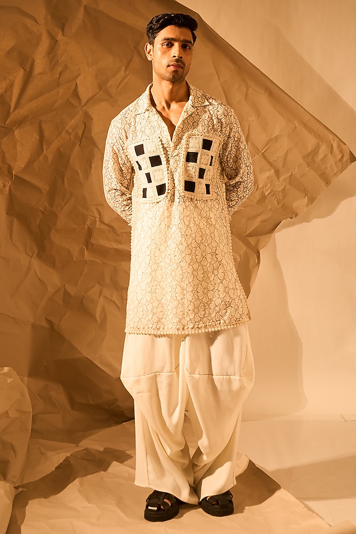 Off-White Knitmesh Handwork Kurta by Rohit Doshi at Pernia's Pop Up Shop