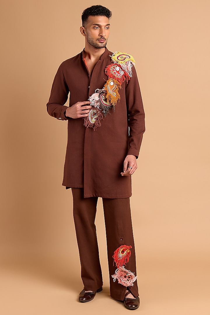 Brown Cotton Matka Handwork Kurta by Rohit Doshi at Pernia's Pop Up Shop