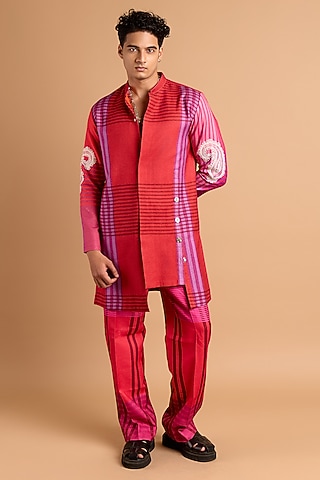 Red Cotton Crepe Rayon Printed Kurta by Rohit Doshi