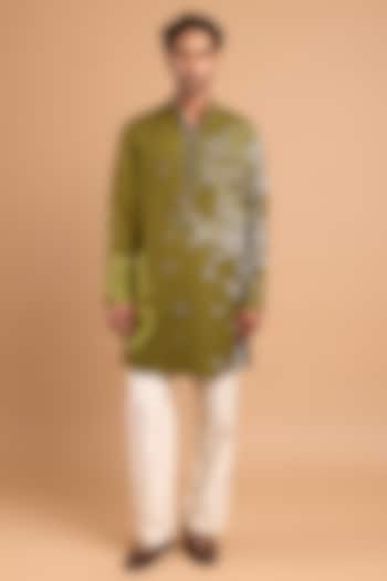 Olive Green Cotton Crepe Rayon Handwork Kurta by Rohit Doshi at Pernia's Pop Up Shop