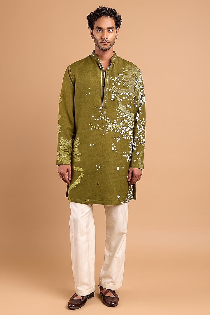 Olive Green Cotton Crepe Rayon Handwork Kurta by Rohit Doshi at Pernia's Pop Up Shop