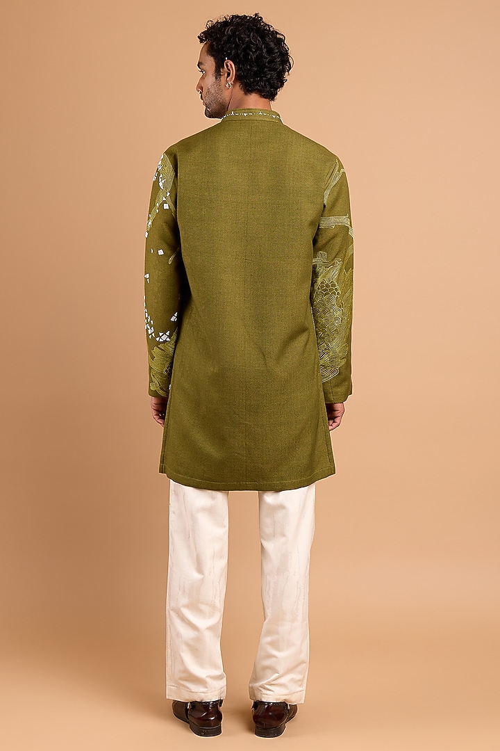 Olive Green Cotton Crepe Rayon Handwork Kurta by Rohit Doshi at Pernia's Pop Up Shop