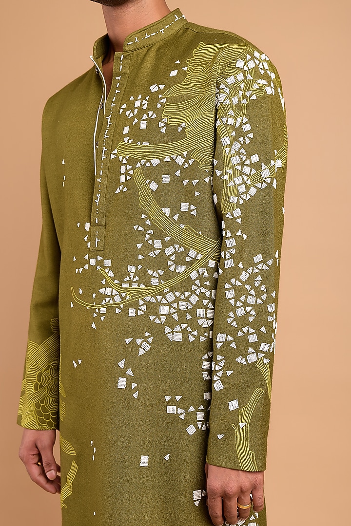 Olive Green Cotton Crepe Rayon Handwork Kurta by Rohit Doshi at Pernia's Pop Up Shop