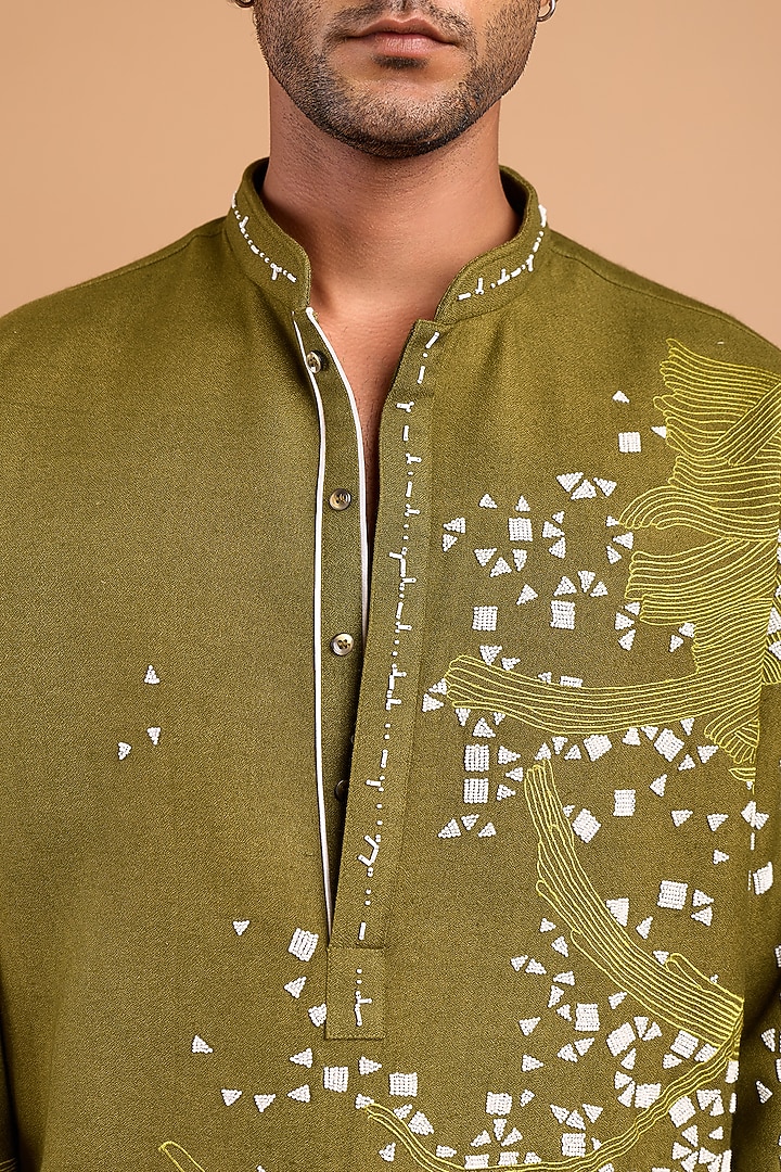 Olive Green Cotton Crepe Rayon Handwork Kurta by Rohit Doshi at Pernia's Pop Up Shop
