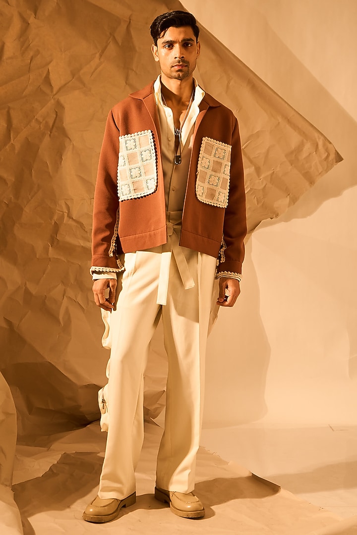 Mushroom Brown Lachka & Armani Fabric Shacket by Rohit Doshi at Pernia's Pop Up Shop