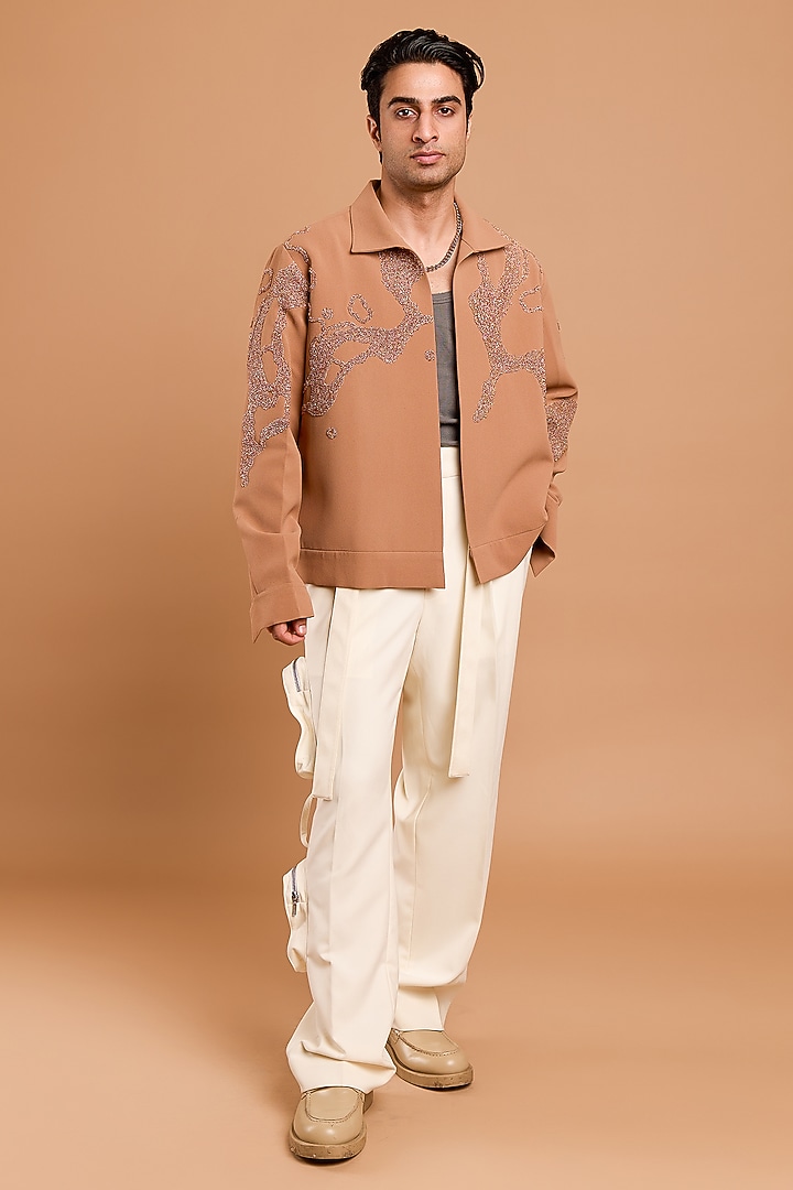 Camel-Colored Poly Crepe Handwork Shacket by Rohit Doshi at Pernia's Pop Up Shop
