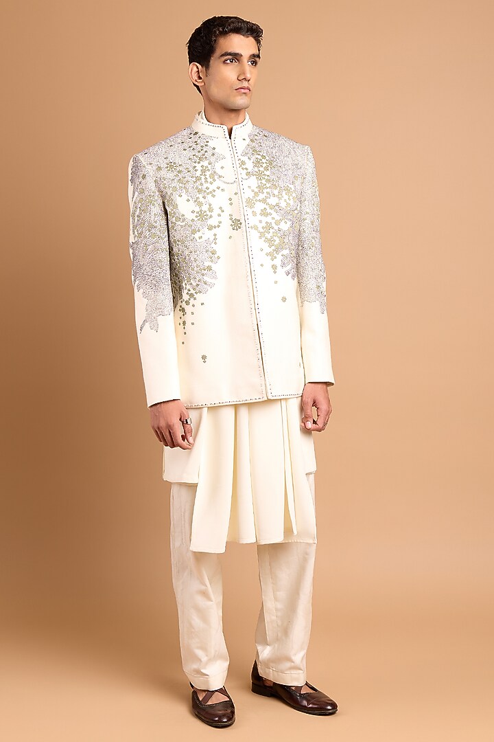 Off-White Cotton Crepe Rayon Floral Handwork Jodhpuri Set by Rohit Doshi at Pernia's Pop Up Shop