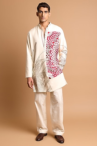 Off-White Cotton Crepe Rayon Pants by Rohit Doshi