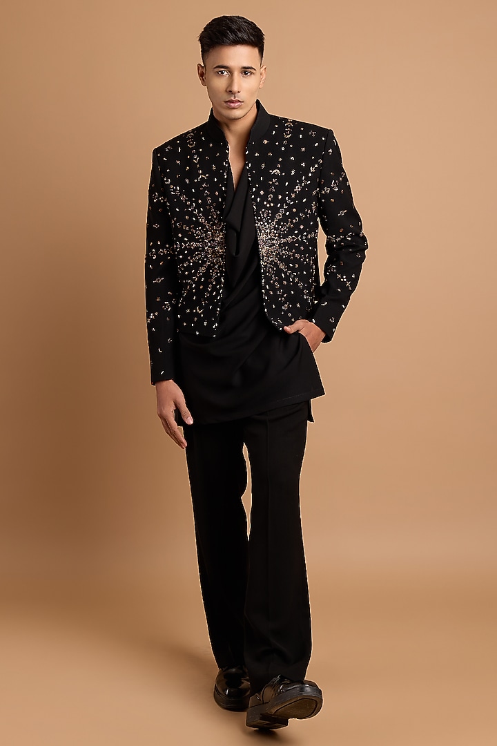 Black Velvet Handwork Cropped Jodhpuri Set by Rohit Doshi at Pernia's Pop Up Shop