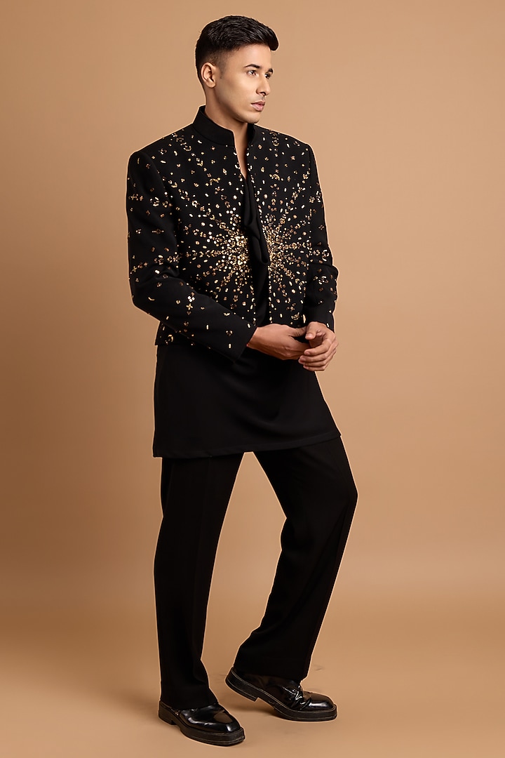 Black Velvet Handwork Cropped Jodhpuri Set by Rohit Doshi at Pernia's Pop Up Shop
