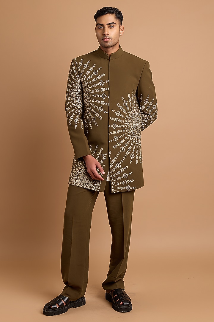 Olive Crepe Handwork Wedding Indowestern Set by Rohit Doshi at Pernia's Pop Up Shop