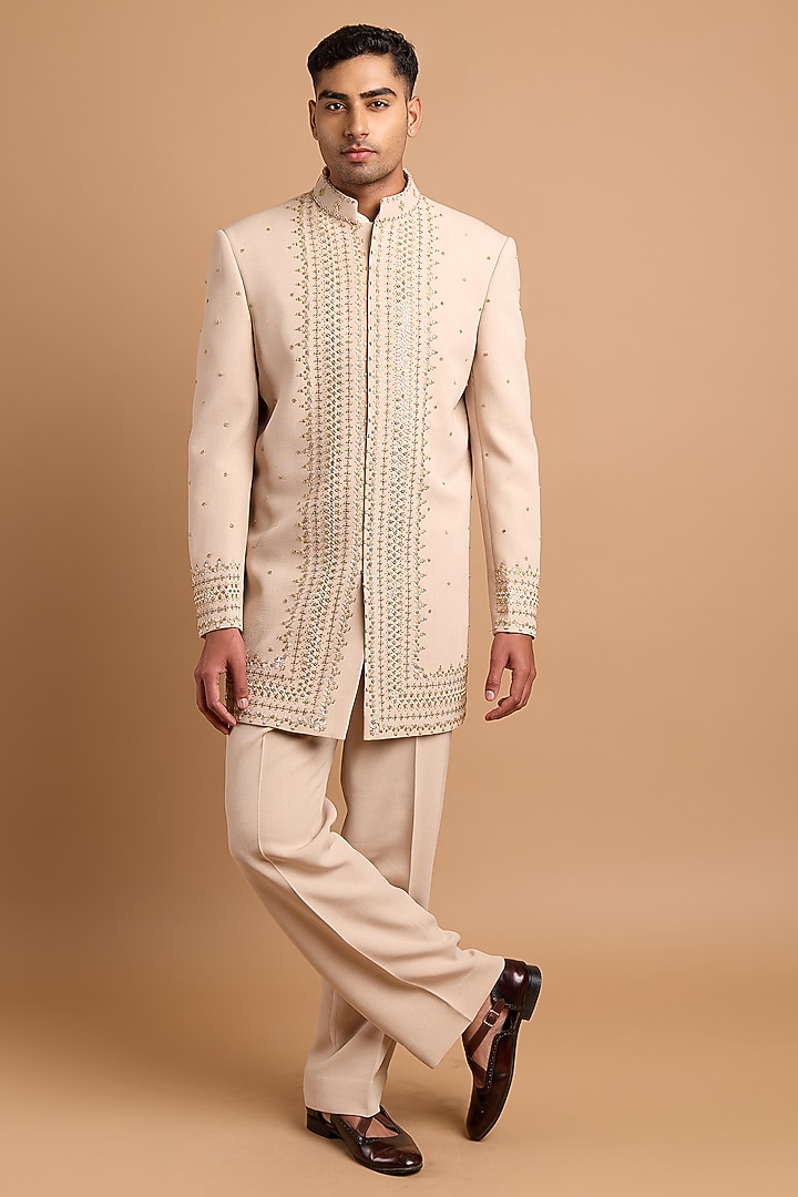 Beige Polo Fabric Handwork Wedding Indowestern Set by Rohit Doshi at Pernia's Pop Up Shop