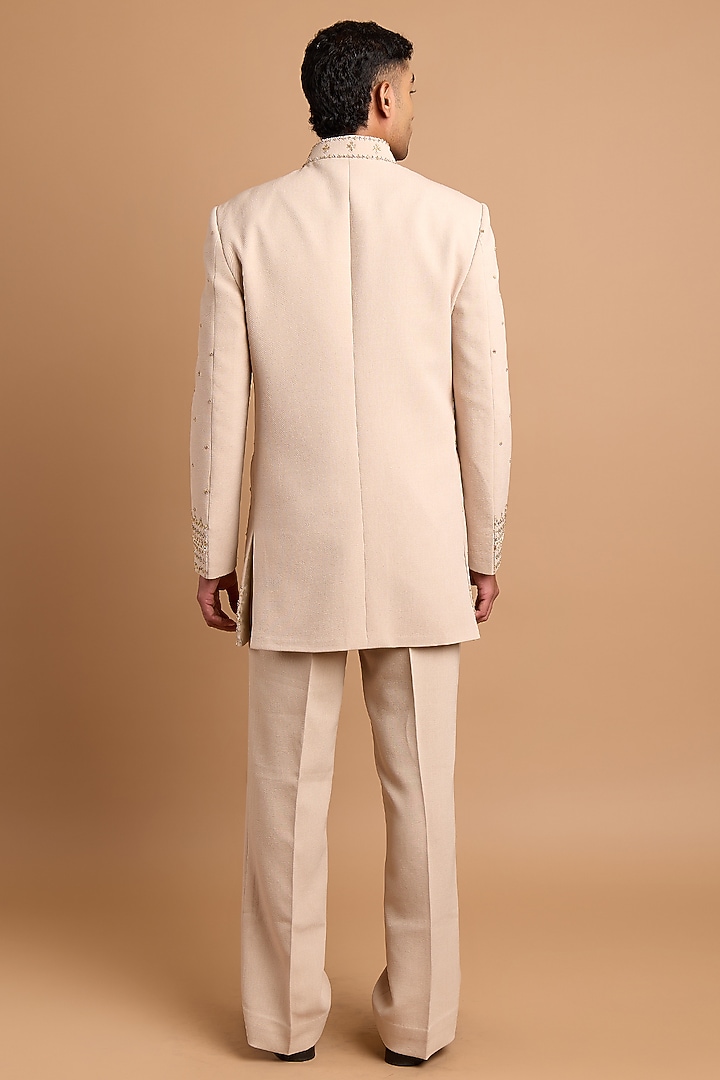 Beige Polo Fabric Handwork Wedding Indowestern Set by Rohit Doshi at Pernia's Pop Up Shop