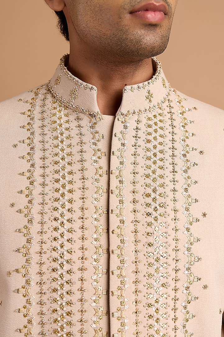 Beige Polo Fabric Handwork Wedding Indowestern Set by Rohit Doshi at Pernia's Pop Up Shop