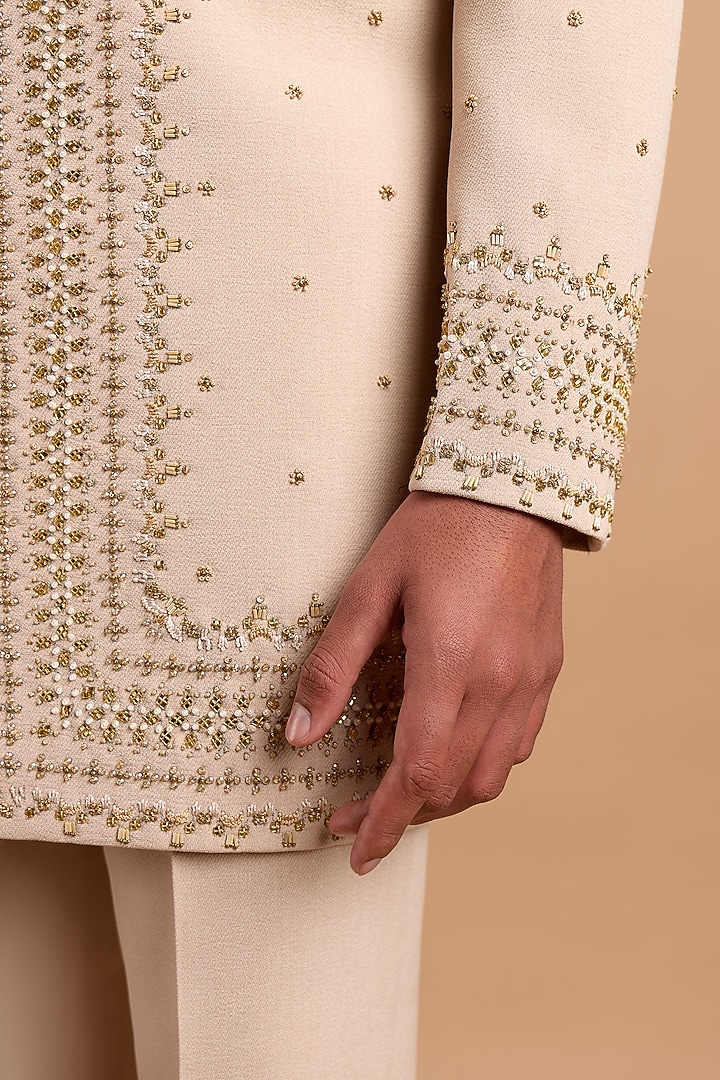 Beige Polo Fabric Handwork Wedding Indowestern Set by Rohit Doshi at Pernia's Pop Up Shop