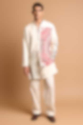 Off-White Cotton Crepe Rayon Floral Printed & Handwork Kurta Set by Rohit Doshi at Pernia's Pop Up Shop