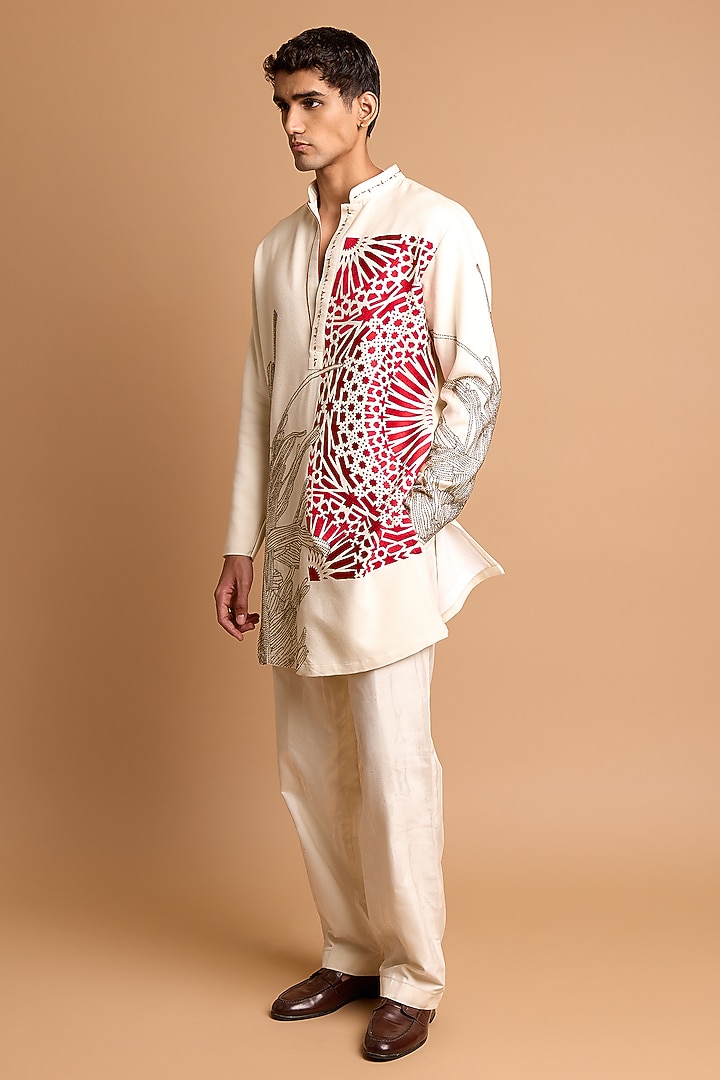 Off-White Cotton Crepe Rayon Floral Printed & Handwork Kurta Set by Rohit Doshi at Pernia's Pop Up Shop