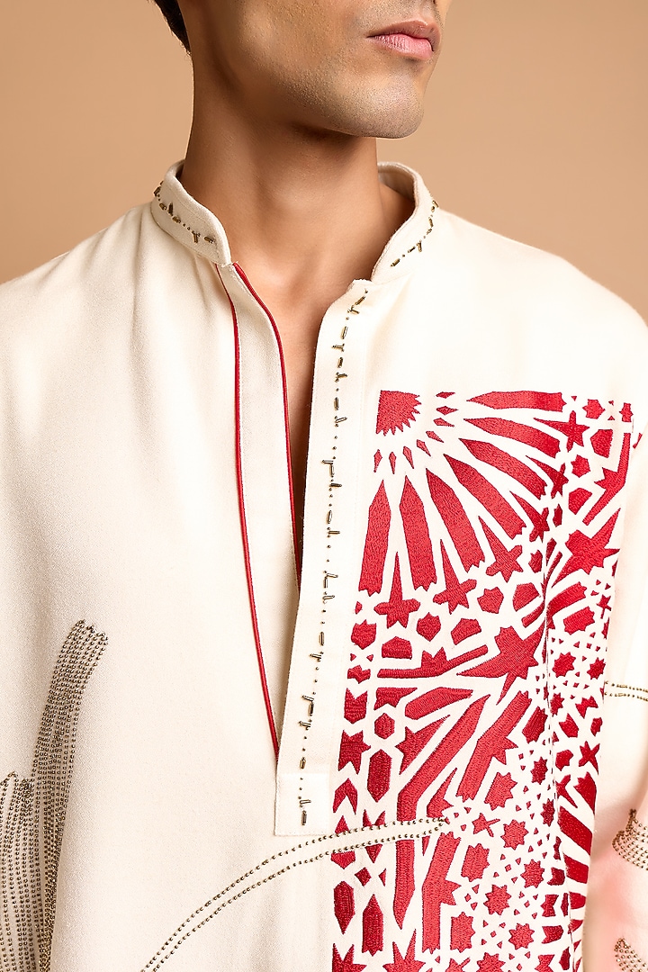 Off-White Cotton Crepe Rayon Floral Printed & Handwork Kurta Set by Rohit Doshi at Pernia's Pop Up Shop