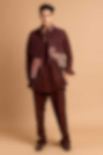 Brown Cotton Crepe Rayon Tasselled Handwork Kurta Set by Rohit Doshi at Pernia's Pop Up Shop