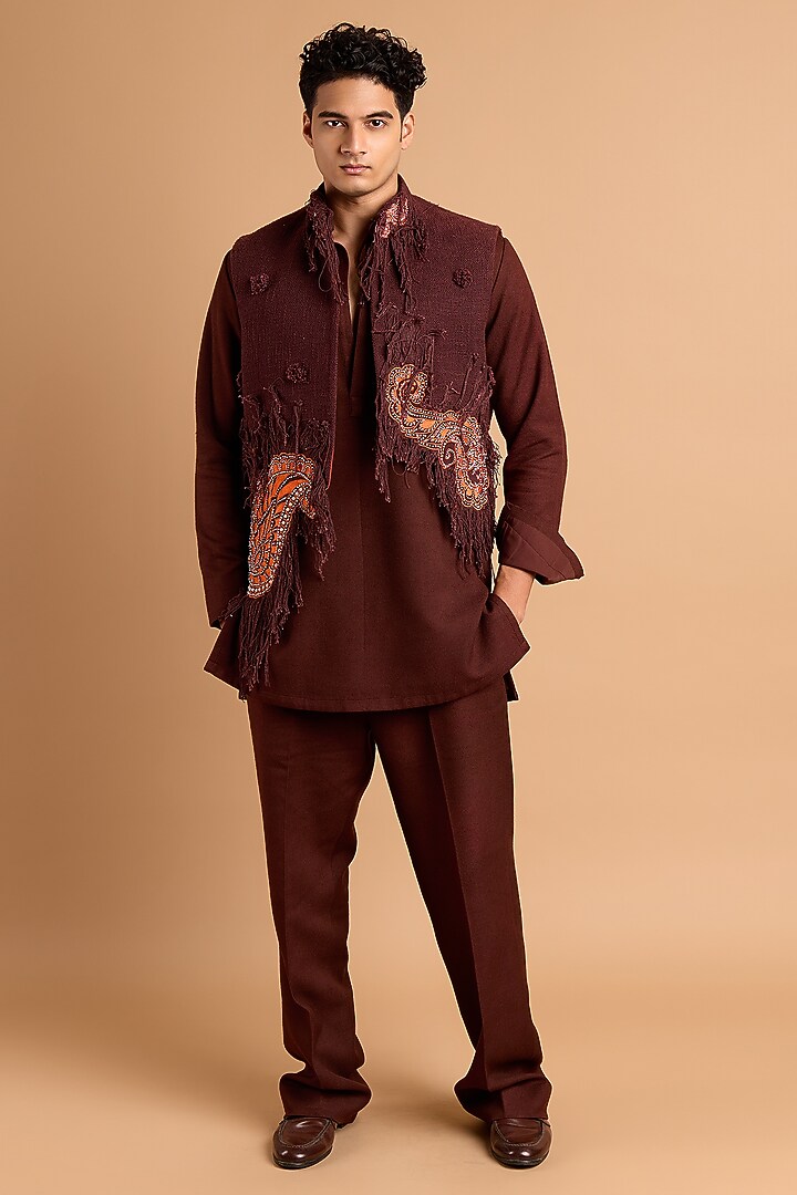 Brown Cotton Crepe Rayon Tasselled Handwork Kurta Set by Rohit Doshi at Pernia's Pop Up Shop