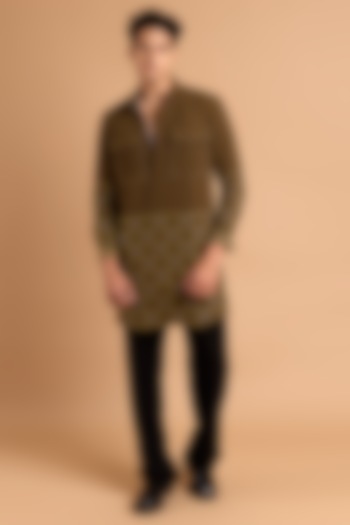 Olive Crepe Kurta Set by Rohit Doshi at Pernia's Pop Up Shop