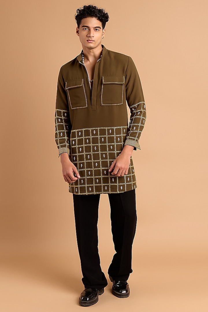 Olive Crepe Kurta Set by Rohit Doshi at Pernia's Pop Up Shop