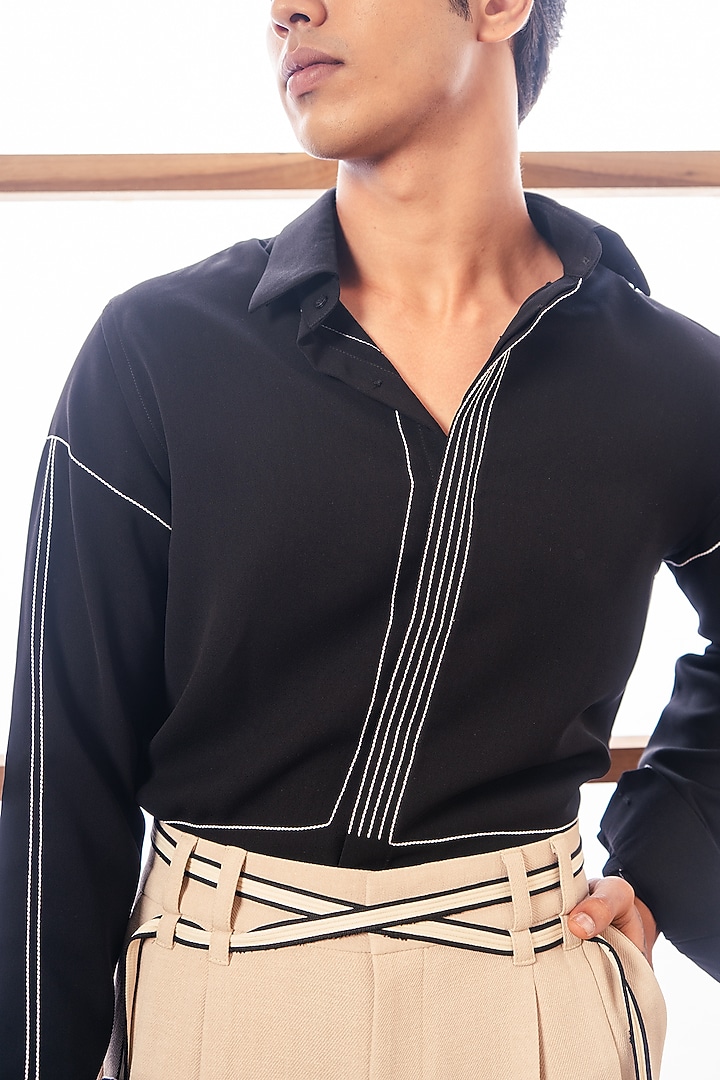 Black Lachka Fabric Machine Embroidered Party Wear Shirt by Rohit Doshi at Pernia's Pop Up Shop