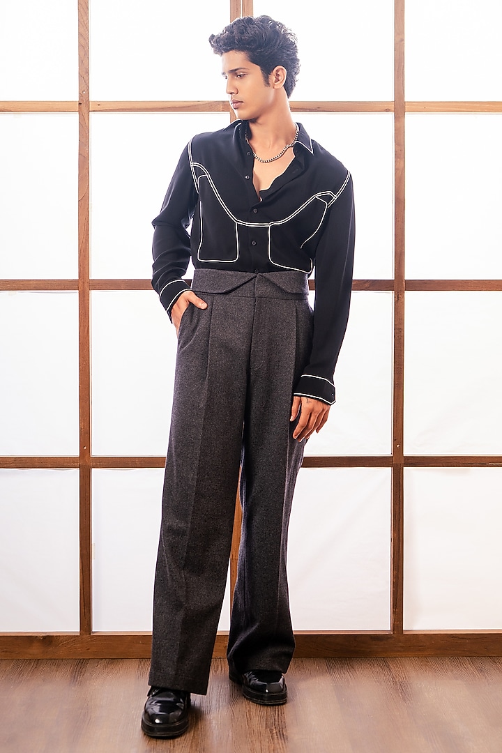 Black Lachka Fabric Thread Work Party Wear Shirt by Rohit Doshi at Pernia's Pop Up Shop