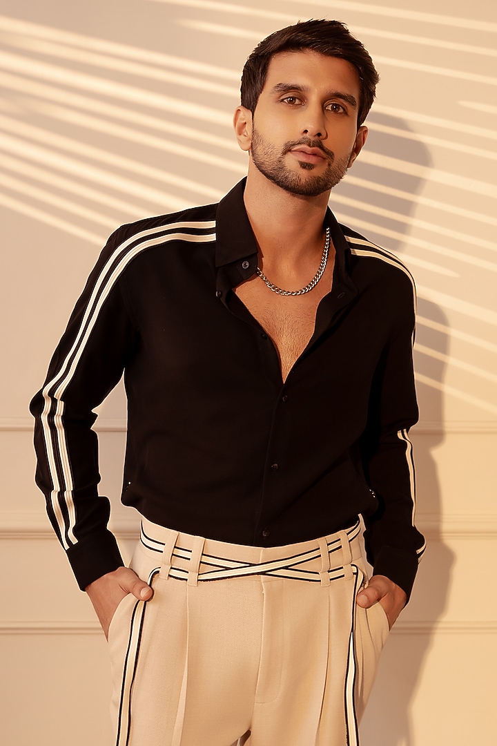 Black Lachka Fabric Party Wear Shirt by Rohit Doshi at Pernia's Pop Up Shop